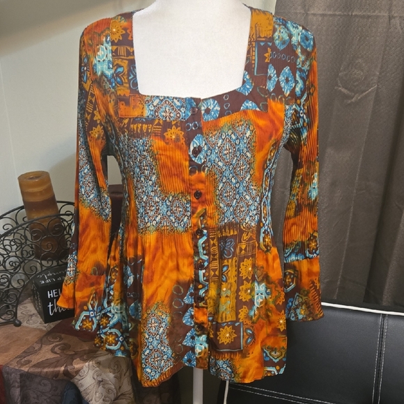 Colorful Patchwork Button-Down Blouse - Picture 1 of 4